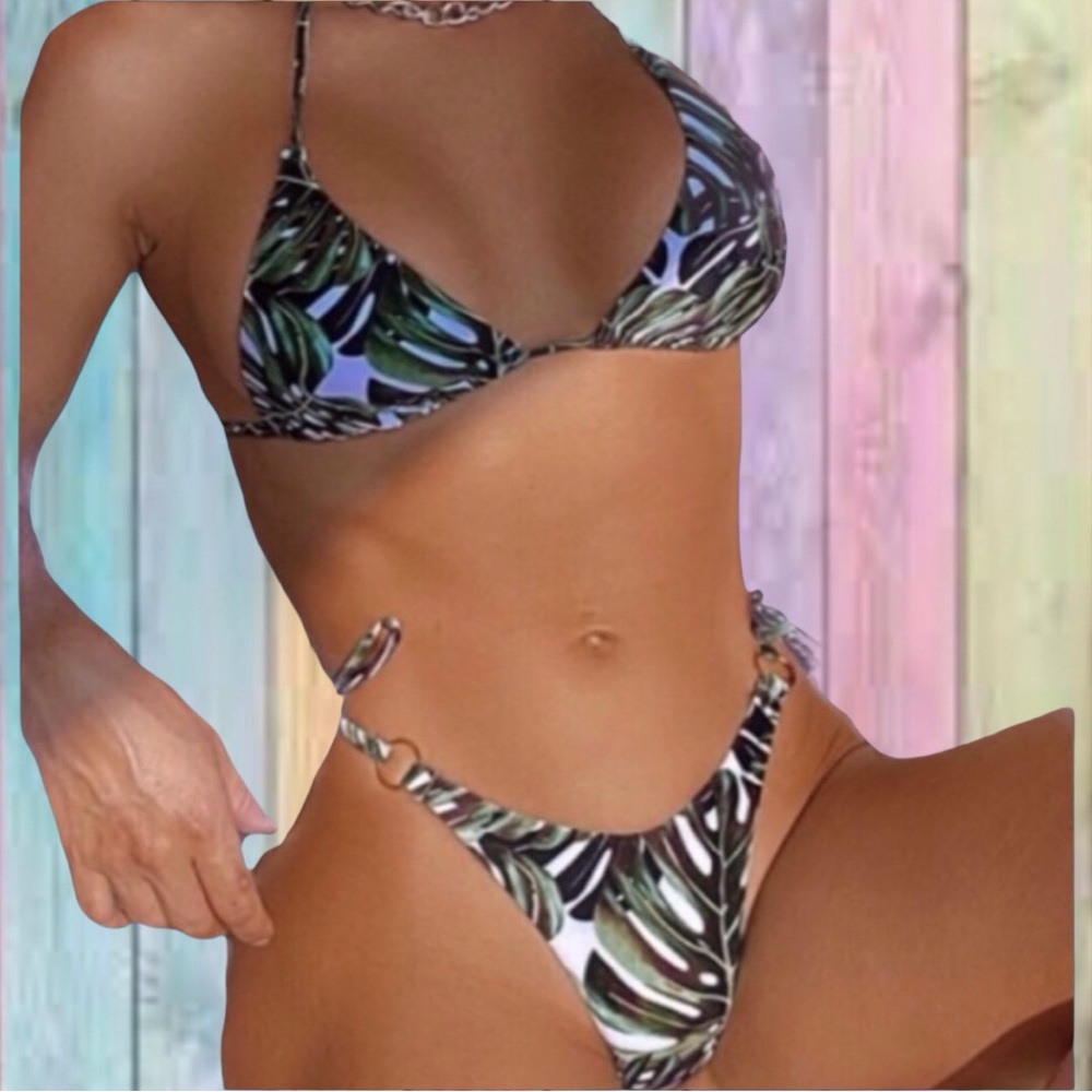 Multicolor Blue Green Tropical Print Halter Thong Bikini New
